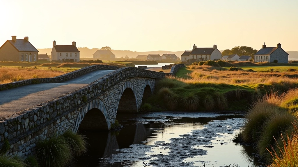 Historic stone bridge crossing tidal waterway with village buildings visible beyond and coastal hills in background