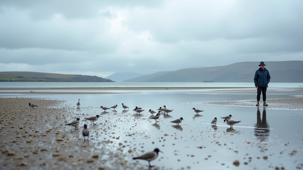 Expansive tidal mudflats exposed at low tide with shallow water channels and coastal birds feeding