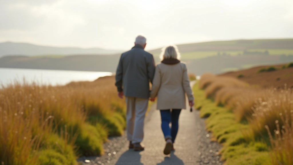 Retirees walking together on peaceful coastal path with calm bay view and green marsh vegetation