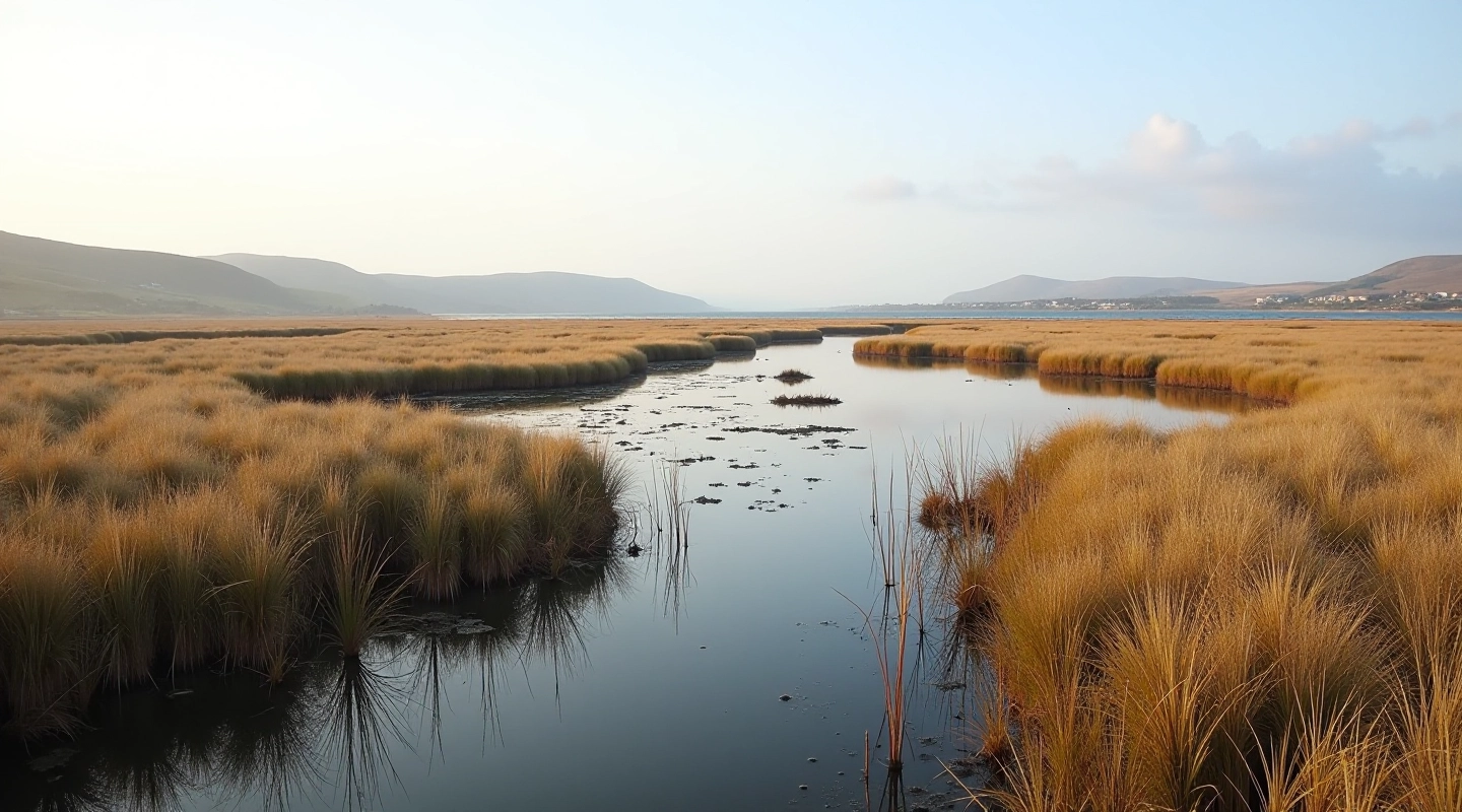 Scenic tidal marsh landscape with native grasses and calm water under blue sky in Galway coastal area