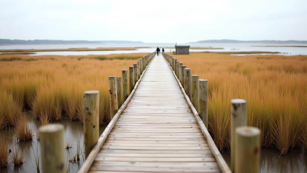 Wooden boardwalk pathway crossing through protected marshland with native vegetation on both sides